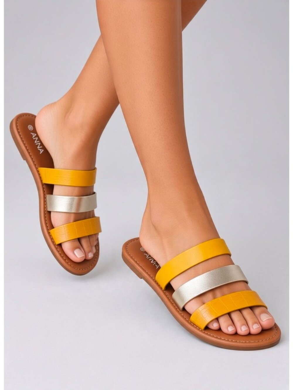 Colorblock Yellow & Metallic Gold Triple Strap Flat Sandals With Croc Embossed D
